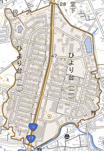 ひより台とその周辺の地図。町の範囲を重ねている