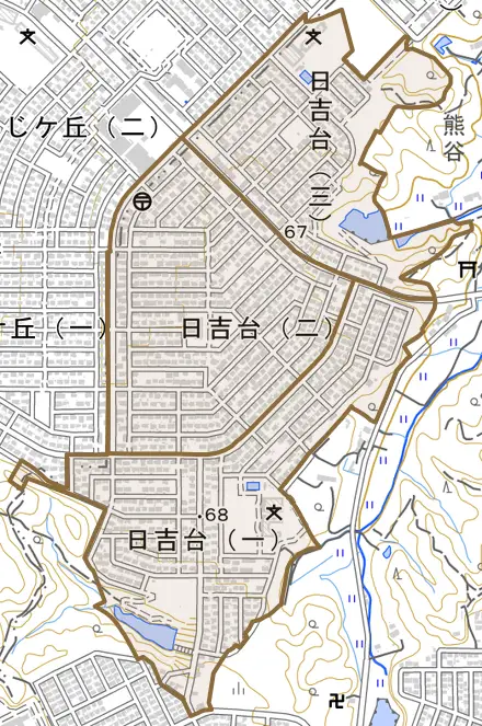日吉台とその周辺の地図。町の範囲を重ねている