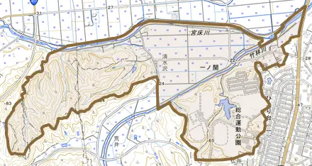 一ノ関とその周辺の地図。町の範囲を重ねている