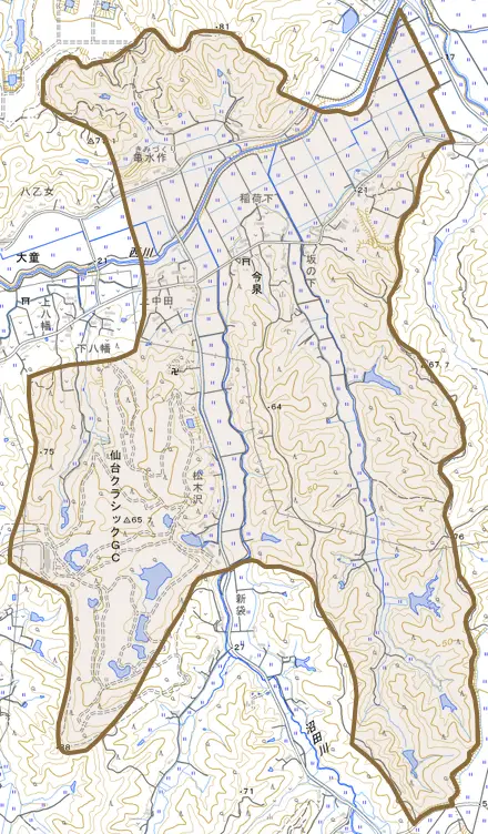 今泉とその周辺の地図。町の範囲を重ねている