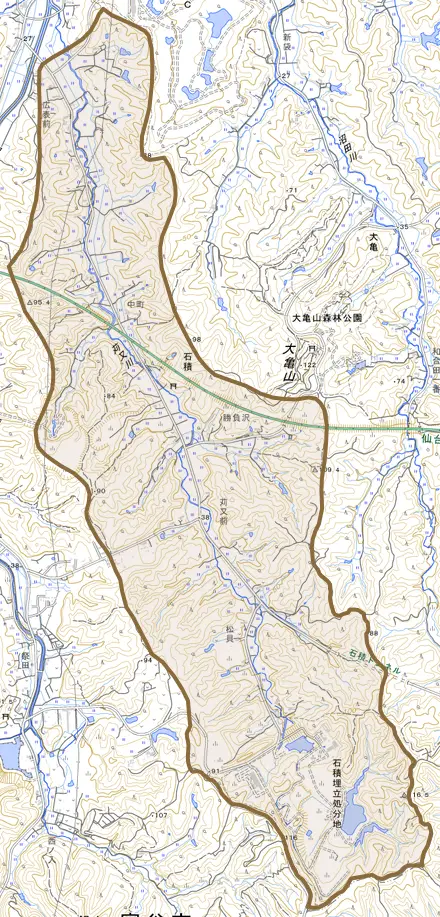 石積とその周辺の地図。町の範囲を重ねている