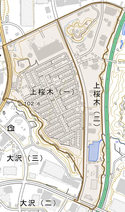 上桜木とその周辺の地図。町の範囲を重ねている