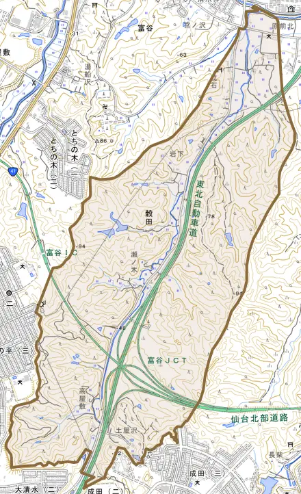穀田とその周辺の地図。町の範囲を重ねている