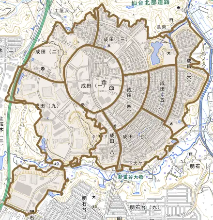 成田とその周辺の地図。町の範囲を重ねている