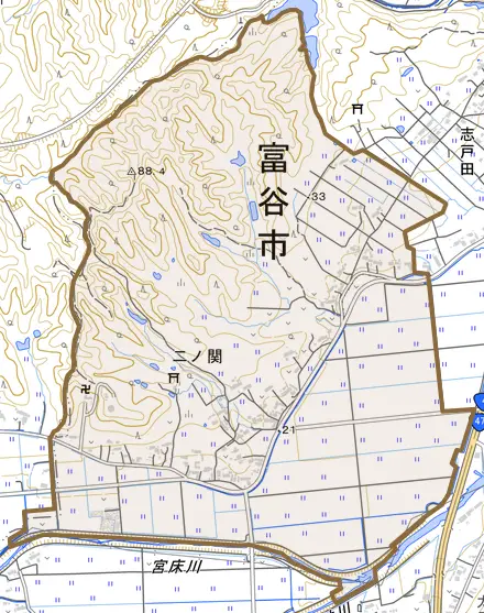 二ノ関とその周辺の地図。町の範囲を重ねている