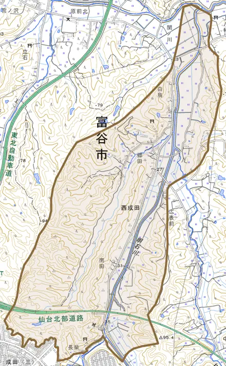 西成田とその周辺の地図。町の範囲を重ねている