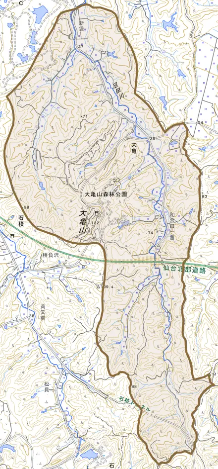 大亀とその周辺の地図。町の範囲を重ねている