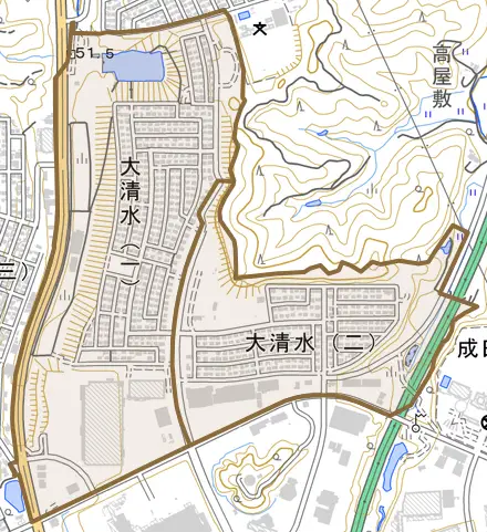 大清水とその周辺の地図。町の範囲を重ねている