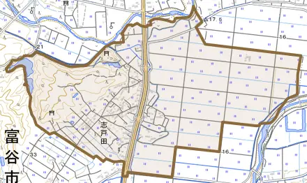 志戸田とその周辺の地図。町の範囲を重ねている