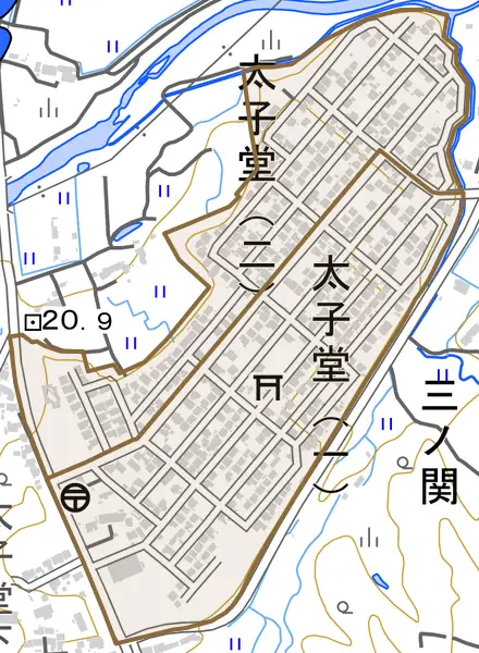 太子堂とその周辺の地図。町の範囲を重ねている