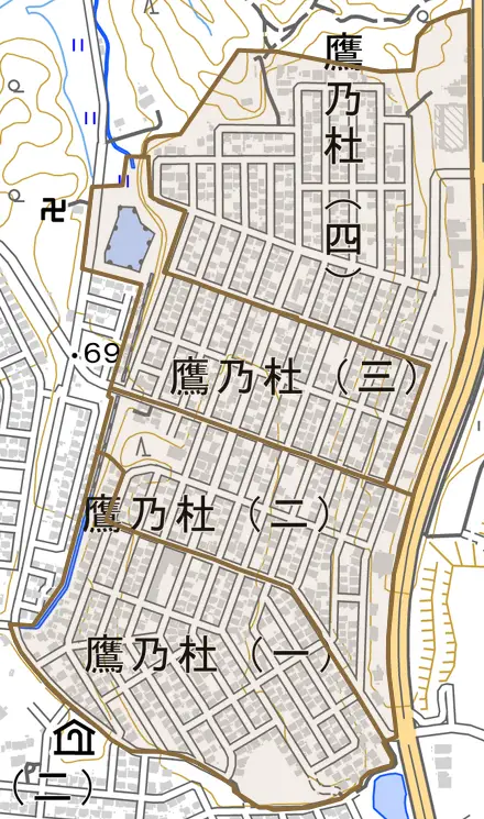 鷹乃杜とその周辺の地図。町の範囲を重ねている