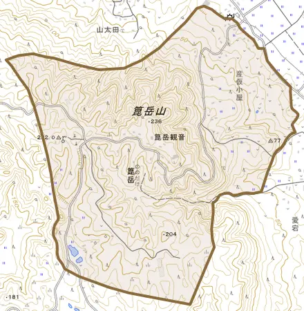 箟岳とその周辺の地図。町の範囲を重ねている