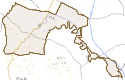小里とその周辺の地図。町の範囲を重ねている