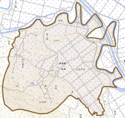 太田とその周辺の地図。町の範囲を重ねている