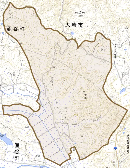 下郡とその周辺の地図。町の範囲を重ねている