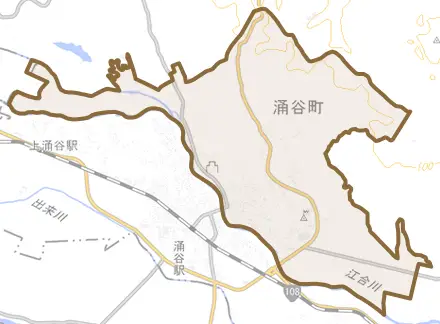 涌谷とその周辺の地図。町の範囲を重ねている