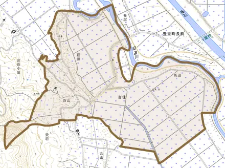 吉住とその周辺の地図。町の範囲を重ねている