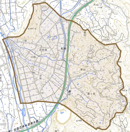 大字矢附とその周辺の地図。町の範囲を重ねている
