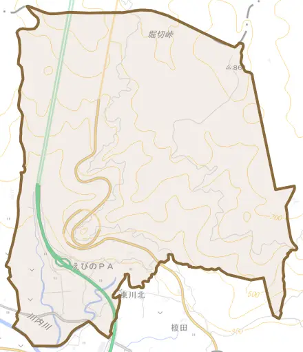 大字東川北とその周辺の地図。町の範囲を重ねている