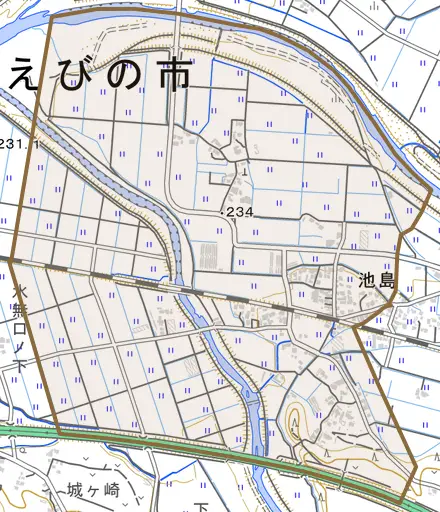 大字池島とその周辺の地図。町の範囲を重ねている
