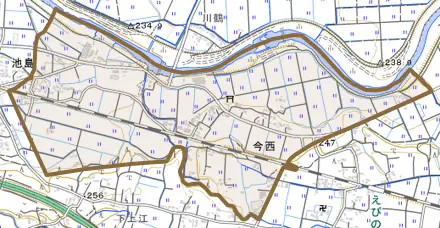 大字今西とその周辺の地図。町の範囲を重ねている