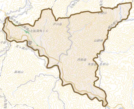 七折とその周辺の地図。町の範囲を重ねている