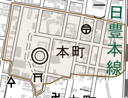 本町とその周辺の地図。町の範囲を重ねている