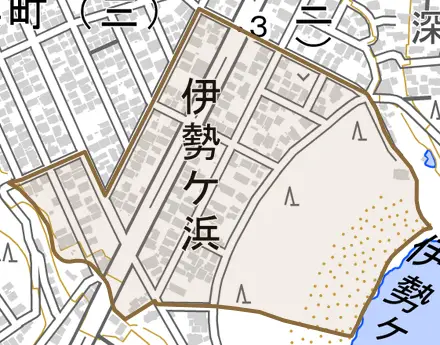 伊勢ケ浜とその周辺の地図。町の範囲を重ねている