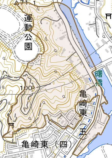 亀崎東とその周辺の地図。町の範囲を重ねている