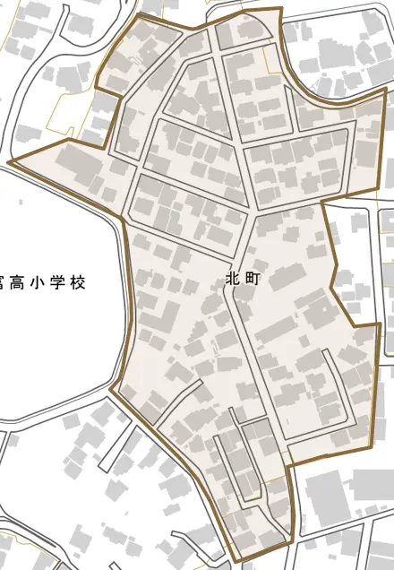 北町とその周辺の地図。町の範囲を重ねている