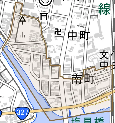 南町とその周辺の地図。町の範囲を重ねている