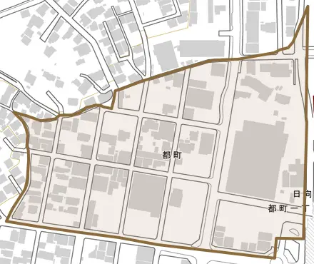 都町とその周辺の地図。町の範囲を重ねている