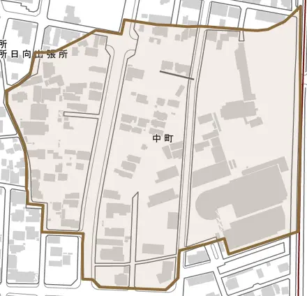 中町とその周辺の地図。町の範囲を重ねている