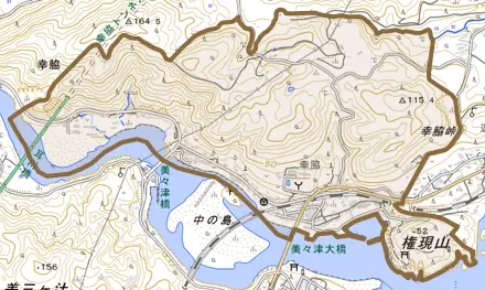 幸脇とその周辺の地図。町の範囲を重ねている