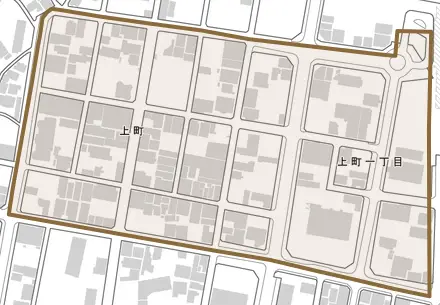 上町とその周辺の地図。町の範囲を重ねている