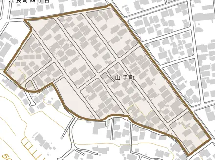 山手町とその周辺の地図。町の範囲を重ねている