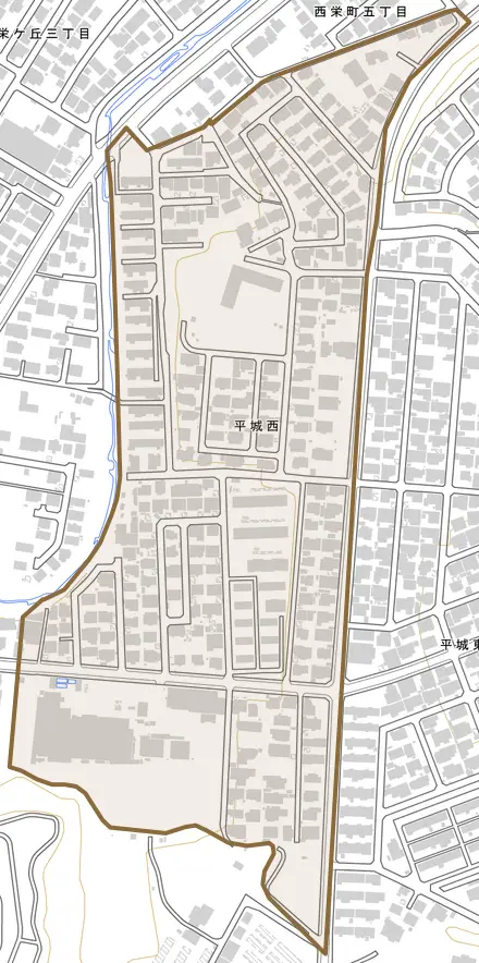 平城西とその周辺の地図。町の範囲を重ねている