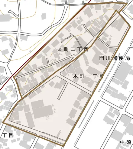 本町とその周辺の地図。町の範囲を重ねている