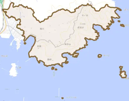 大字庵川とその周辺の地図。町の範囲を重ねている
