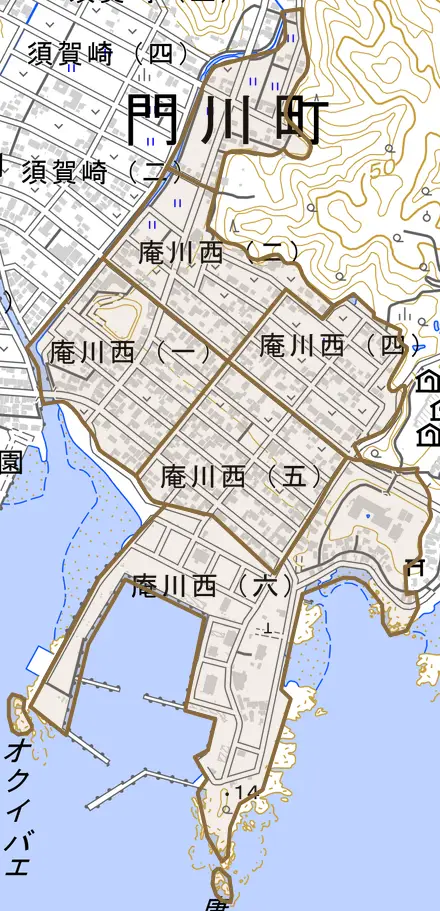 庵川西とその周辺の地図。町の範囲を重ねている