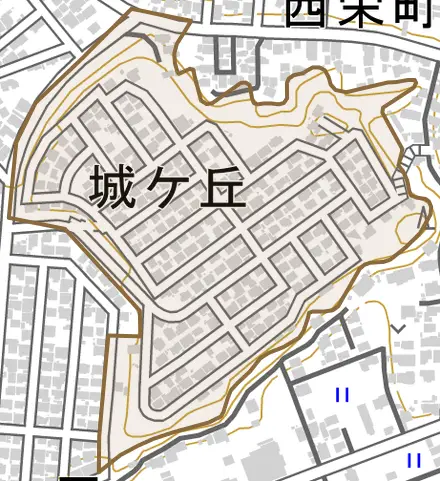 城ケ丘とその周辺の地図。町の範囲を重ねている