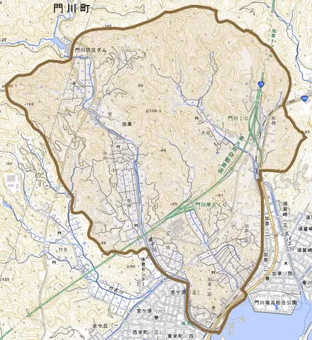 大字加草とその周辺の地図。町の範囲を重ねている