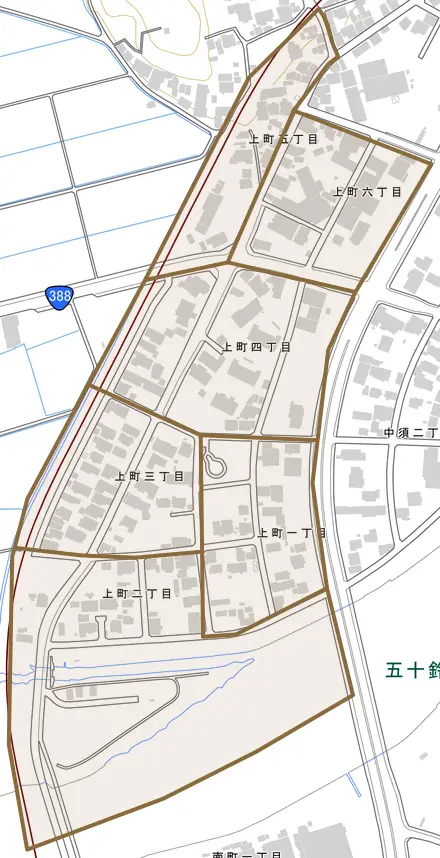 上町とその周辺の地図。町の範囲を重ねている