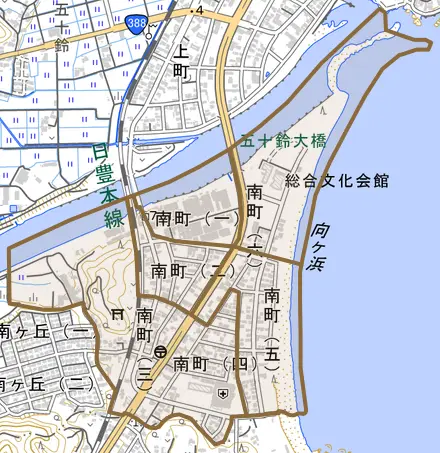 南町とその周辺の地図。町の範囲を重ねている