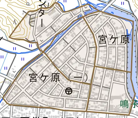 宮ケ原とその周辺の地図。町の範囲を重ねている