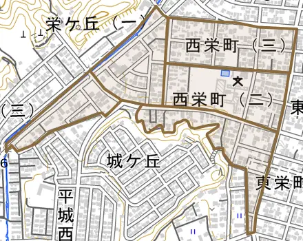 西栄町とその周辺の地図。町の範囲を重ねている