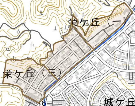 栄ケ丘とその周辺の地図。町の範囲を重ねている