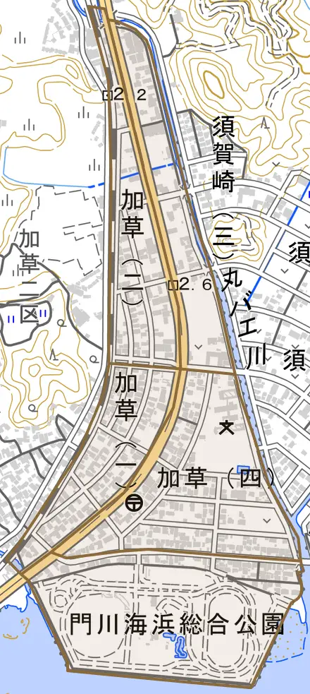 加草とその周辺の地図。町の範囲を重ねている