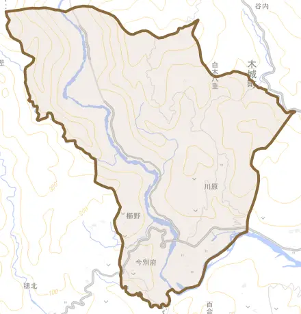 大字川原とその周辺の地図。町の範囲を重ねている