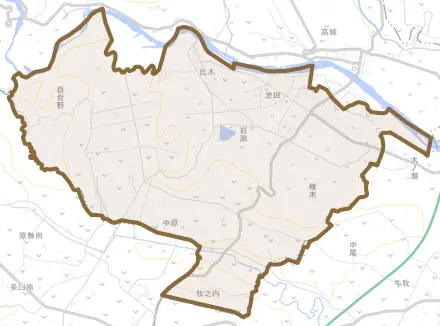 大字椎木とその周辺の地図。町の範囲を重ねている